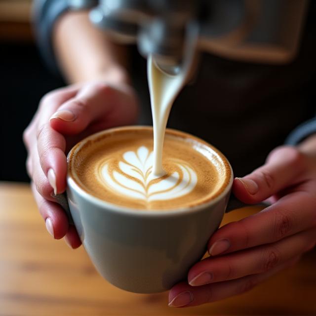 Barista vertiendo arte latte con precisión en una taza de cerámica