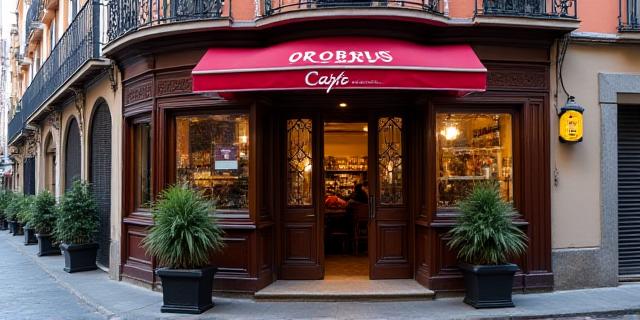 Entrada de la cafetería Oroboros desde la calle en Madrid, de estilo tradicional